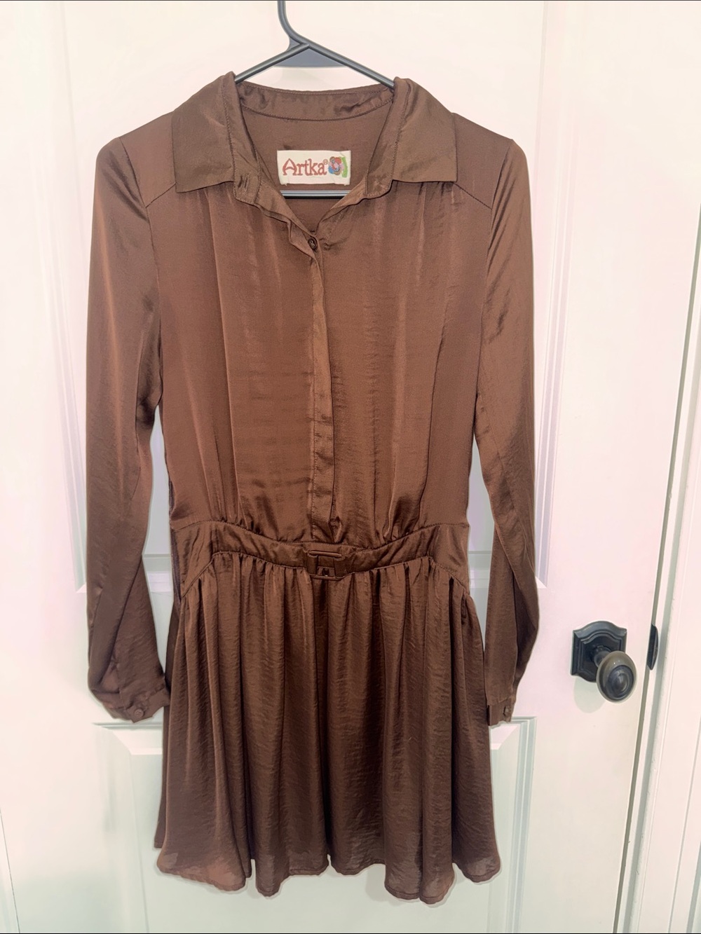 Women's Brown Long-Sleeve Satin Shirt Dress